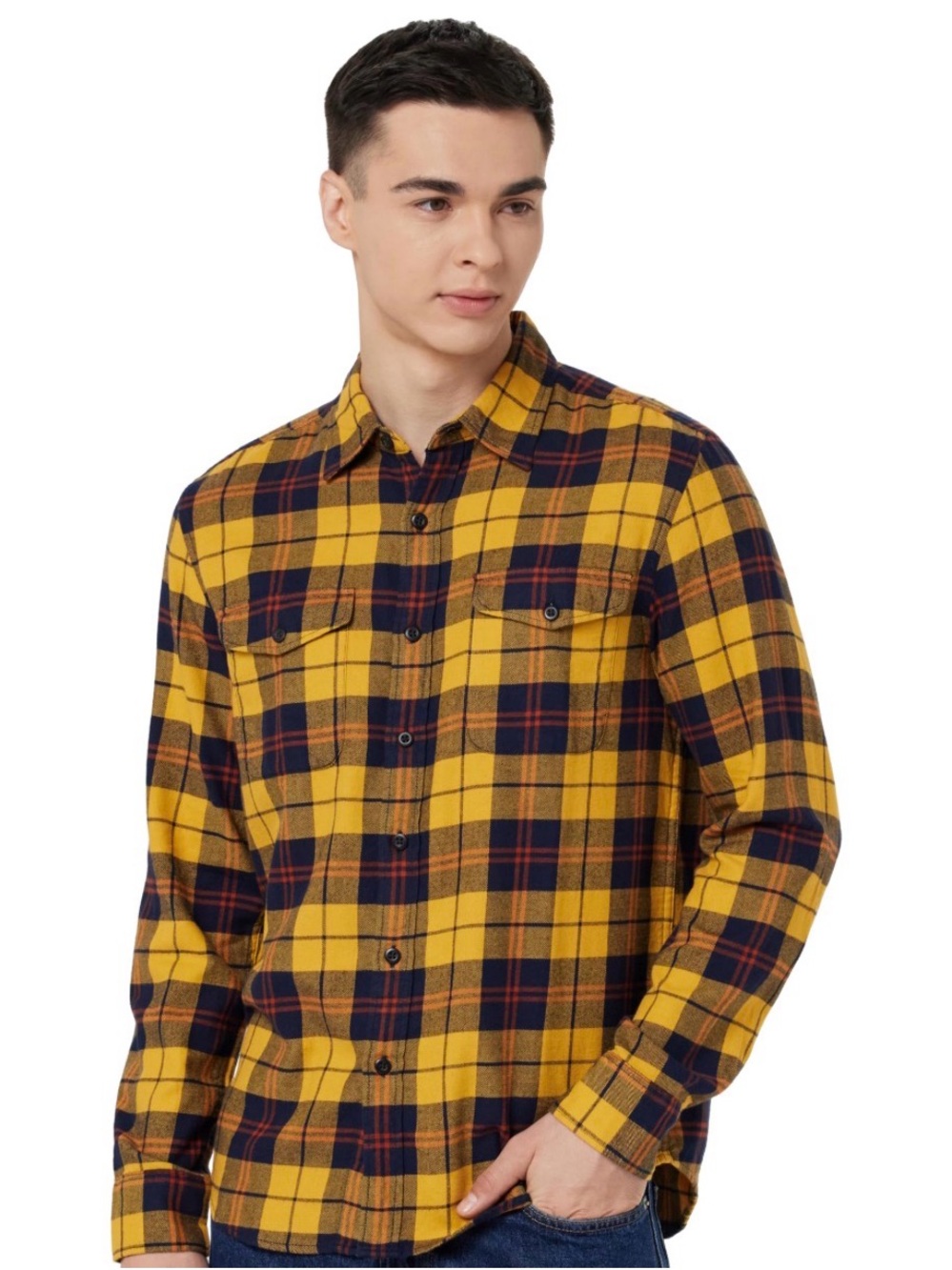 American Eagle Outfitters Yellow and Navy Plaid Button-Down Shirt